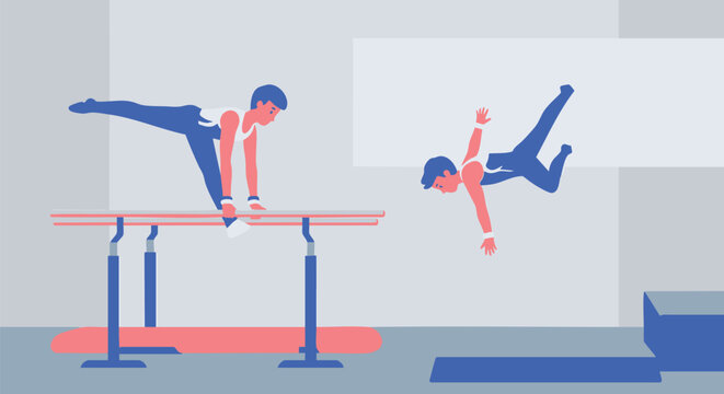 Vibrant illustration depicting male gymnasts in action, one skillfully performing a handstand on parallel bars while another executes an impressive aerial flip during an athletic training session