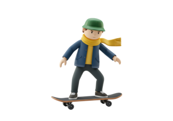 Isolated boy skating, 3D rendering of a kid on a skateboard, wearing hat and scarf in winter