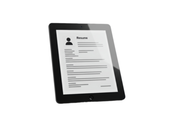 Isolated Resume on Digital Tablet Device, Black Frame and Screen, Blank Document, Text Content