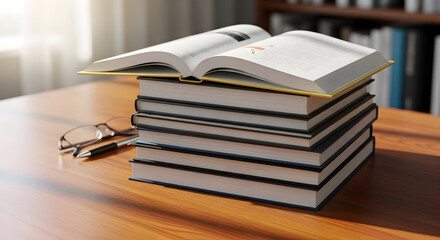 A stack of open and closed books rests on a wooden table with eyeglasses placed beside them bathed in soft natural light from a window suggesting study and learning