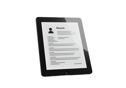 Isolated Resume on Digital Tablet Device, Black Frame and Screen, Blank Document, Text Content