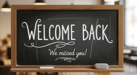 Welcome back we missed you handwritten message on a blackboard with chalk and eraser in a cafe or classroom setting signifying return and reunion