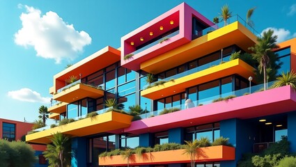 Fototapeta premium Vibrant modern architecture with colorful balconies and blue sky, showcasing bold design and luxury living in a tropical setting