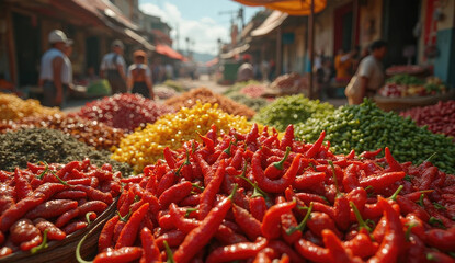 Colorful display of fresh chili peppers in a bustling market in Mexico capturing vibrant local culture and flavors 