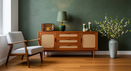 A vintage interior with a wooden cabinet, chair, lamp, and plant creates a stylish and cozy living space with classic design