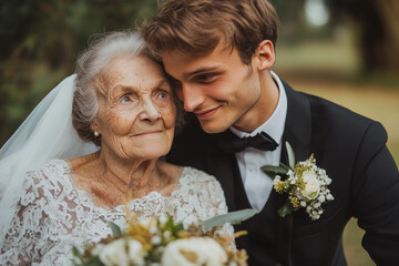 A man in his 20s with a woman in her 80s during the wedding day 