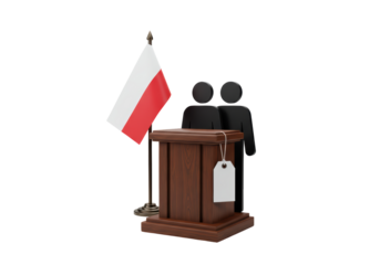 Isolated stand with Polish flag next to figures and tag for message on it for presentation