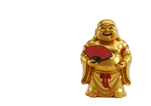 Isolated golden Buddha statue figurine holding a fan is smiling with a bow on his belly