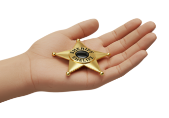 Isolated sheriff badge rests on a hand, symbol of law and order, authority, justice