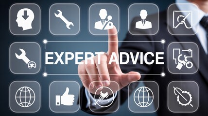 Fototapeta premium Expert advice concept with person touching modern business icons on screen