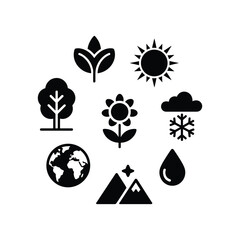 Circular arrangement of nature icons including sun cloud snowflake water drop mountains earth tree and flower
