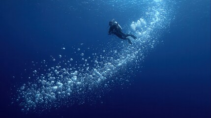 A scuba diver in full gear swims underwater amidst a trail of bubbles in the deep blue ocean.