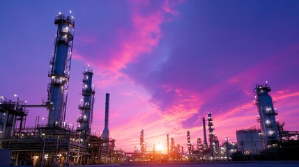 Obraz premium Industrial skyline at sunset with purple and orange sky hues over refinery structures and equipment
