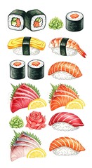 A vibrant watercolor illustration showcasing a diverse assortment of popular Japanese sushi dishes, including various rolls, nigiri, and sashimi.