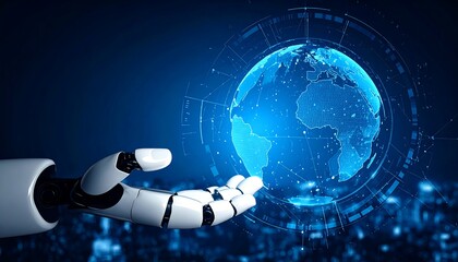 Robotic hand gently cradles a digital globe, showcasing global connectivity and technological advancement (1)