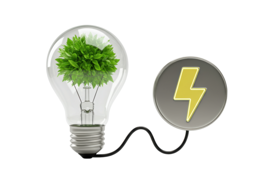 Isolated idea of green renewable energy with light bulb and electrical energy symbol