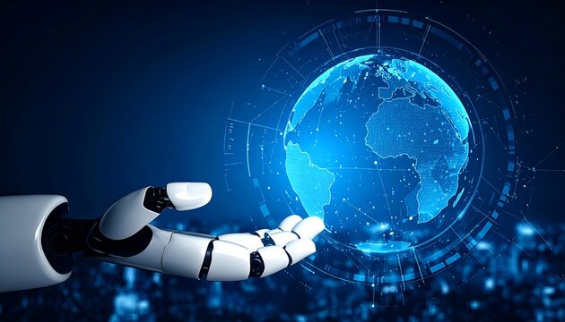 Robotic hand gently cradles a digital globe, showcasing global connectivity and technological advancement (1)