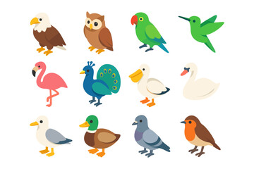 Naklejka premium Colorful flat style birds collection featuring exotic and common species
