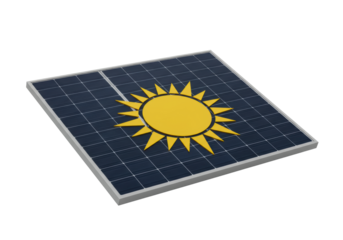 Isolated solar panel square on its side with yellow sun graphic, sustainable energy