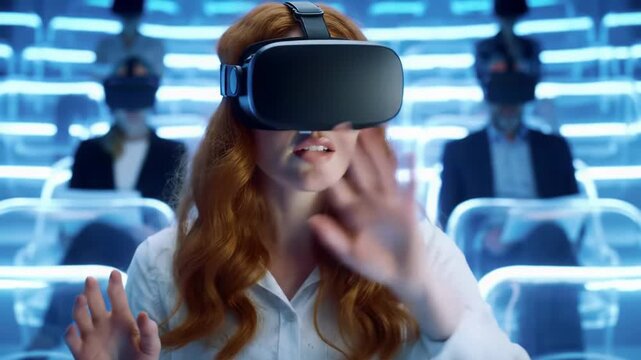 Redhaired woman using smart AR glasses interacting with virtual panels in futuristic office