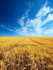 Fototapeta premium Photo of a Stunning Wheat Field Reaching Towards a Clear Blue Sky, Capturing Nature’s Beauty