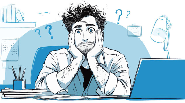 A young man with curly hair sits at a cluttered desk, looking baffled as he rests his head on his hands. Question marks surround him, indicating confusion and deep thought.