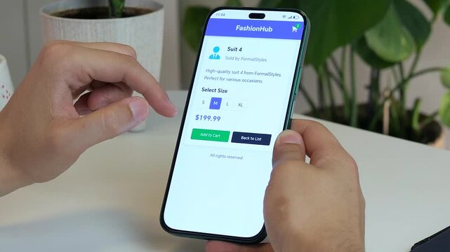  Close-up of a deliberate online purchase: hands choose a size and click 'add to cart' for a business suit. Perfect for advertising mobile shopping, menswear, and retail therapy.