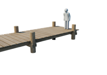 Isolated wooden dock with walking stick figure enjoying a scenic view, solitude relaxation