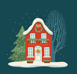 Holiday house illustration. Christmas decorations. New Year symbols. Vector design
