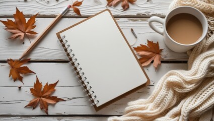 A blank spiral-bound notebook, a cup of coffee, autumn leaves, and a knitted scarf lay on a white wooden table, creating a cozy autumnal scene.