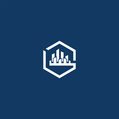 Modern city skyline logo inside a hexagon frame, symbolizing real estate, urban development, and construction industries. Minimalist and professional design for corporate branding and architectural bu
