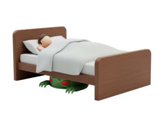 Isolated man sleeping in bed with monster under it, surreal nightmare, fun cartoon
