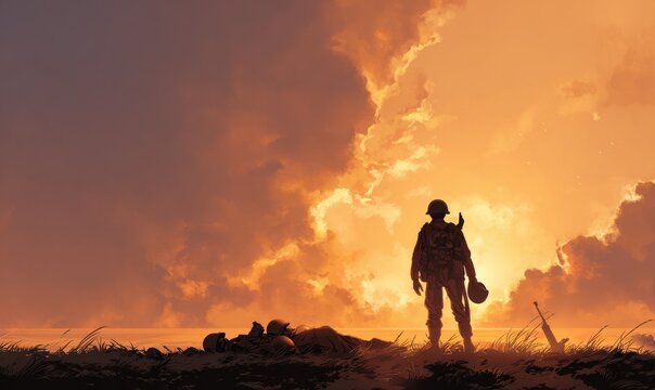 Silhouette of soldier at sunset over battlefield