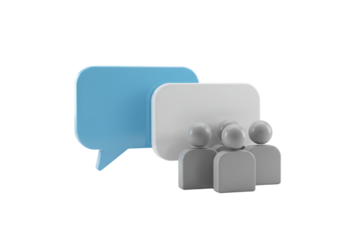 Isolated 3D people icon, multiple speech bubbles, communication or community, business group