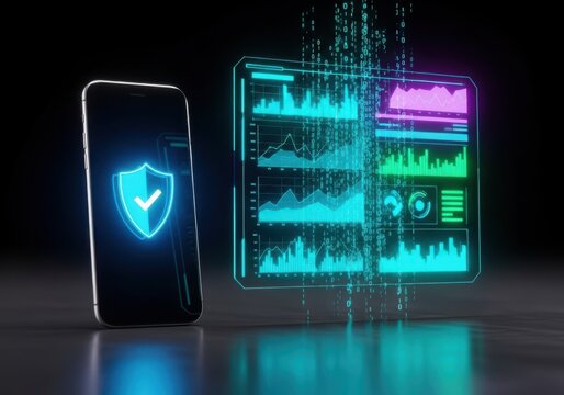 Smartphone with glowing shield icon next to digital data screens and falling binary code - Powered by Adobe