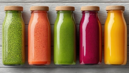 Five colorful smoothie bottles on a light wood surface