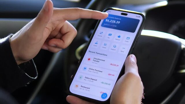 Close-up of a person scrutinizing their bank statement on a phone, trying to identify a mysterious charge. Perfect for videos about digital banking, personal finance, and problem-solving.