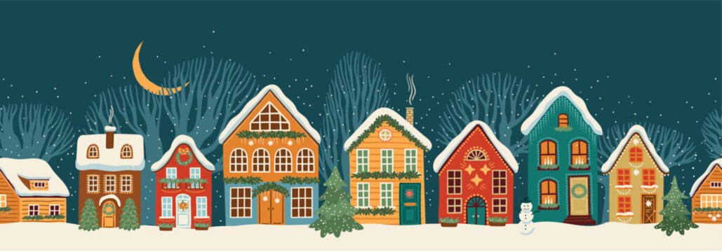 Holiday Village. Seamless border. City, houses, Christmas trees, snow. New Year and Christmas symbols. Vector design