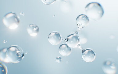 Transparent molecules with water bubbles background, 3d rendering.