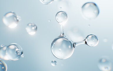 Transparent molecules with water bubbles background, 3d rendering.