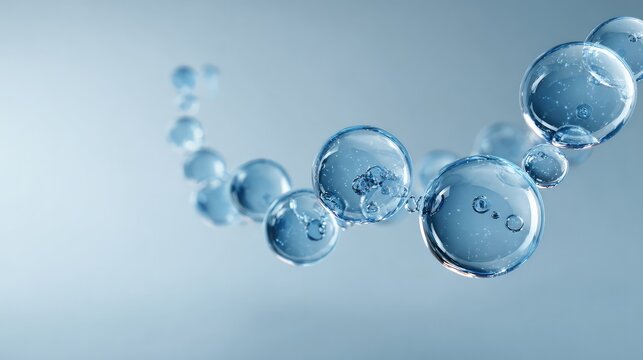 Close-up of blue exosome particles inside transparent spheres, representing biotechnology and scientific visualization in cosmetology and trichology, with blurred light tones highlighting chaos