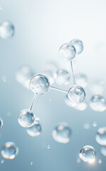 Transparent molecules with water bubbles background, 3d rendering.