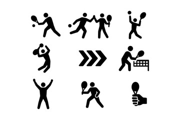 Silhouette icons of tennis players in various action poses