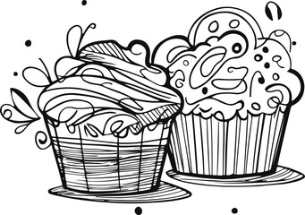 Hand-drawn muffin line art vector, abstract doodle cupcake outline, simple black and white bakery illustration 3