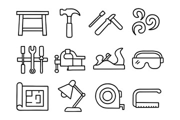 Black and white outline icons of carpentry and woodworking tools