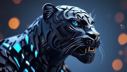 A formidable, futuristic panther, detailed and rendered in a striking black and blue color palette, with glowing accents.
