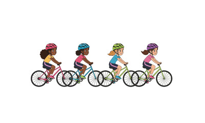 Fototapeta premium Diverse group of children enjoying a bicycle ride together depicted as a silhouette isolated on white background