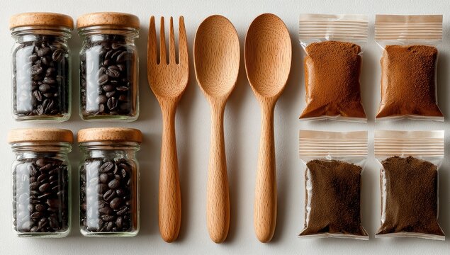 Coffee beans, wooden utensils, and spices