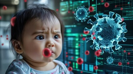 Asian child observing digital covid-19 virus hologram with data visualizations. hMPV, Human metapneumovirus - Powered by Adobe
