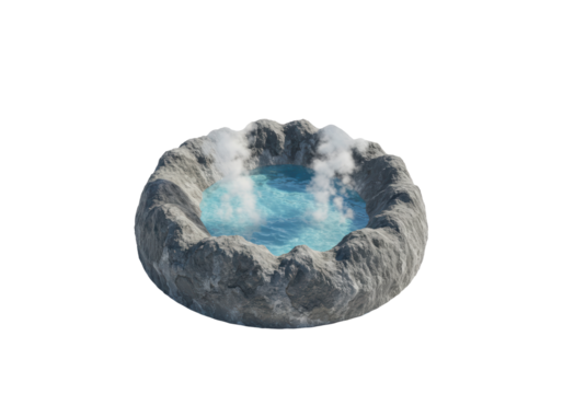 Isolated steaming mineral hot spring pool surrounded by rocky border in outdoor scenic area